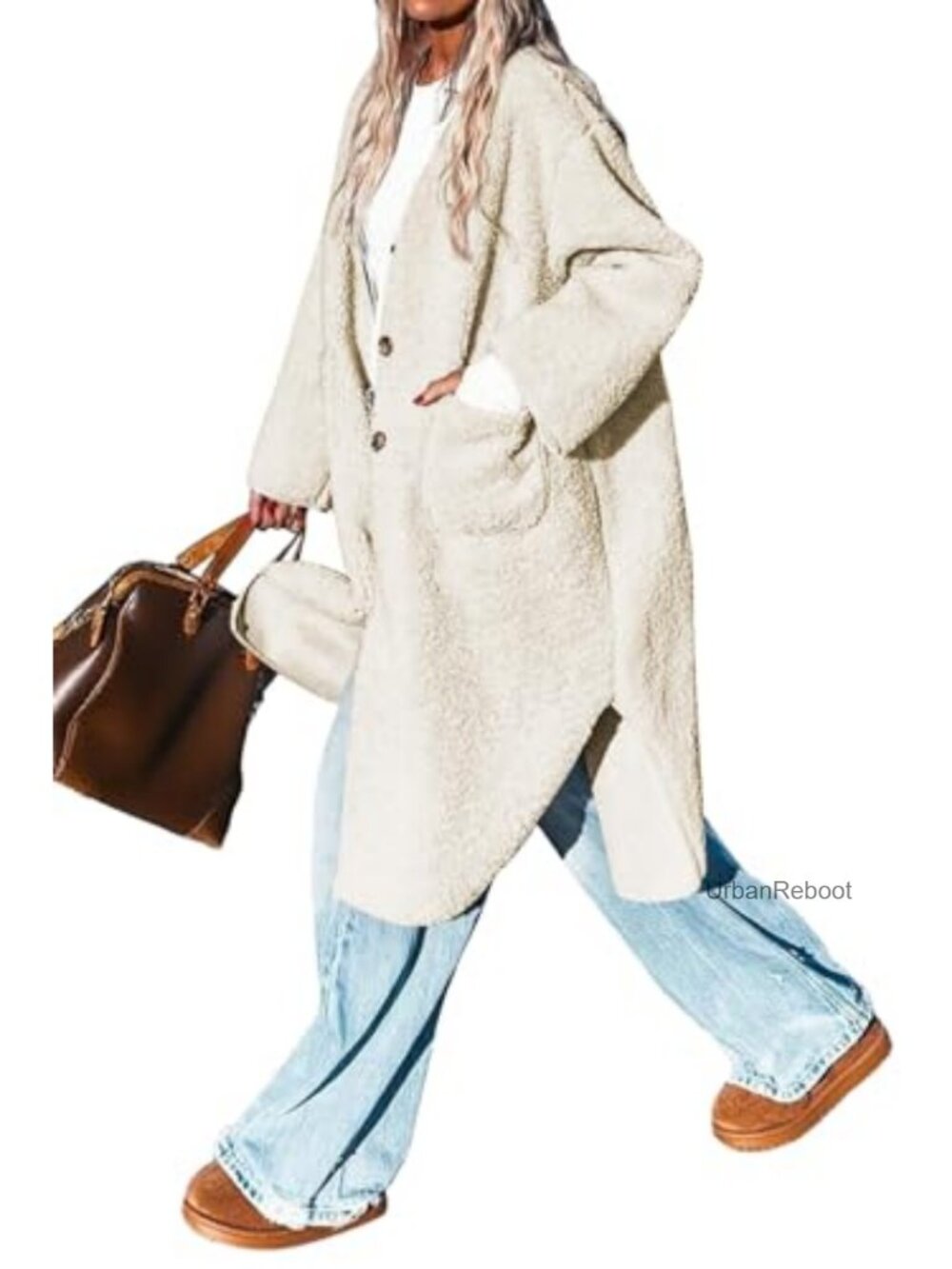 Faux Fur Sherpa Fleece Long Coat Button Front Side Slit Pockets